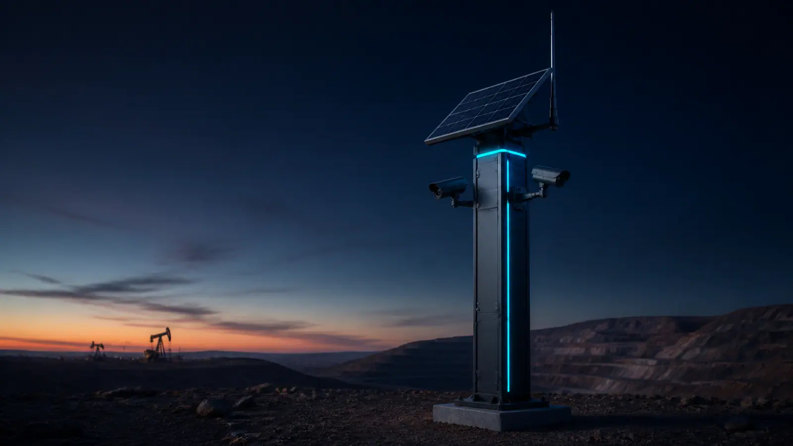 Tótem autónomo con panel solar, dos cámaras y antena en una operación remota de Oil & Gas y minería